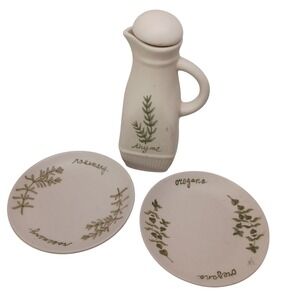 Designpac Vtg Style Ceramic Herb Oil Cruet & Dipping Plates Hand PaintedSet